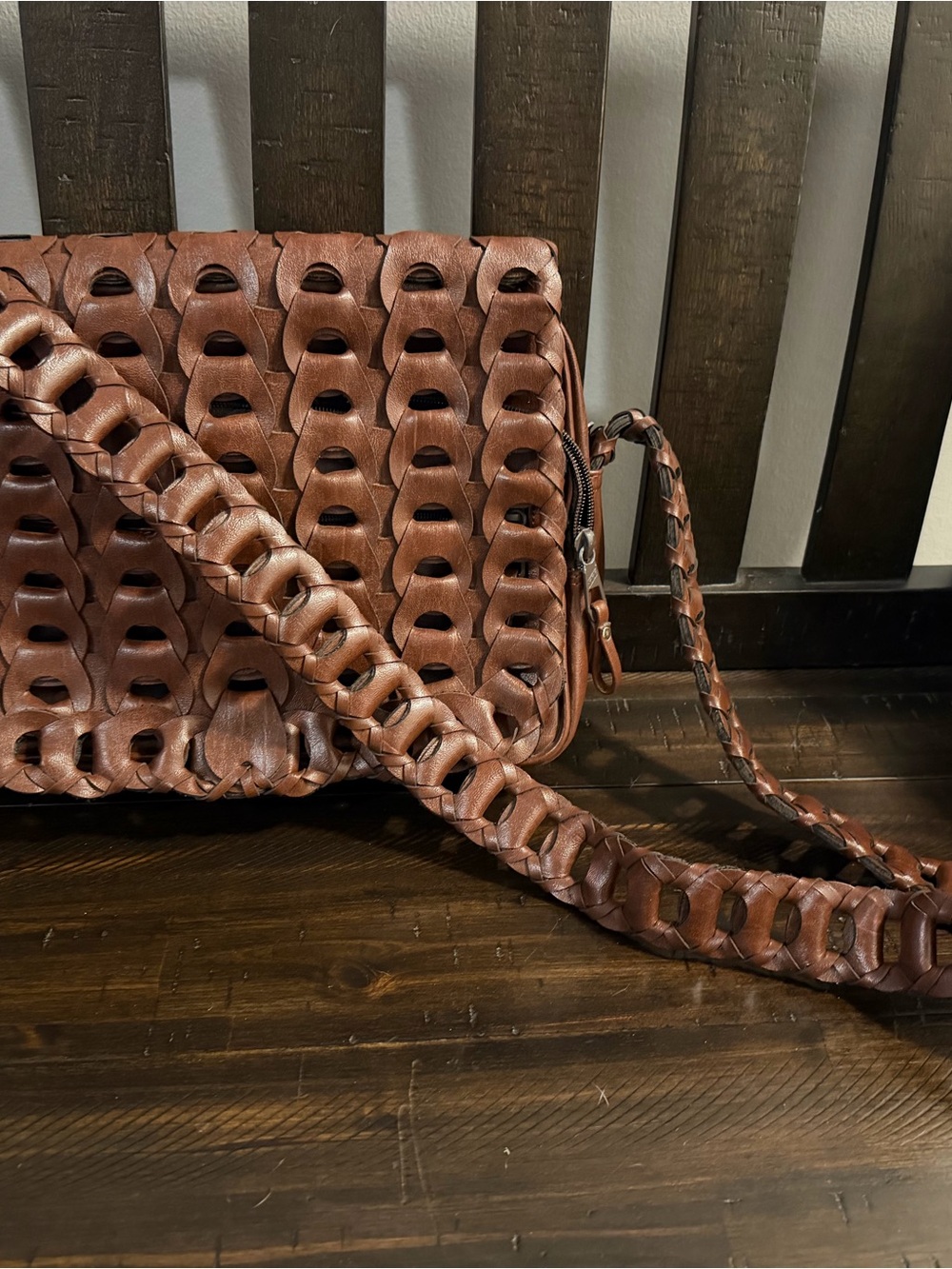 Woven Leather Crossbody Bag - Brown